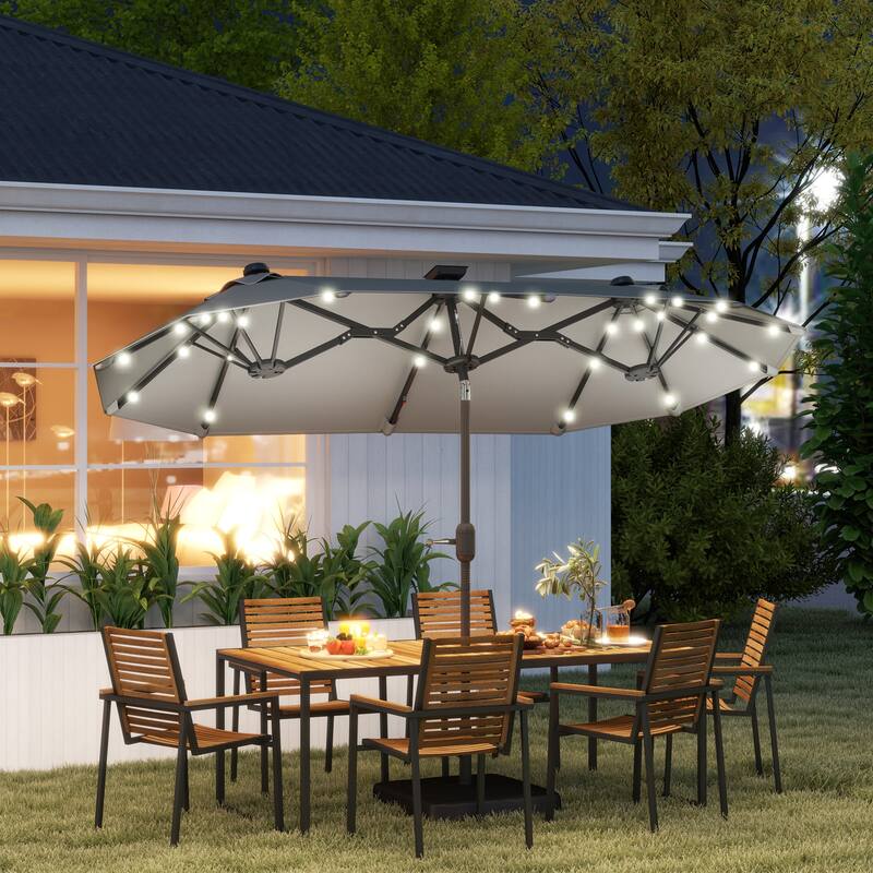 Outdoor Double-Sided Patio Umbrella with 40-Degree Tiltable Canopy 35 Solar LED Lights Steel Frame and Weighted Base