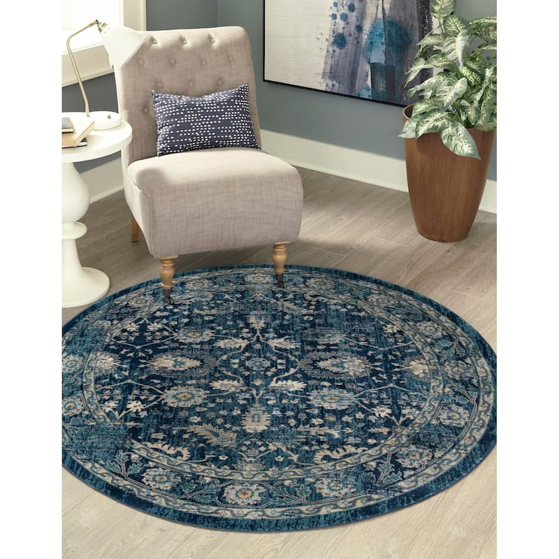 Traditional Hadeya Collection Area Rug - Navy Blue - 7'10" Round