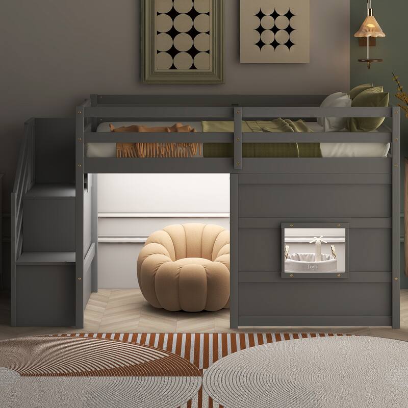 Gray Twin Loft Bed with Storage Staircase, Window & LED Lights - Space-Saving Kids Furniture