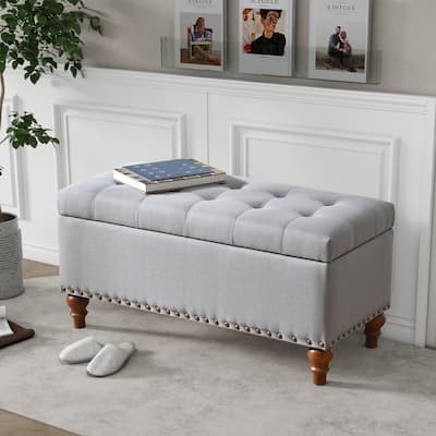 Linen Fabric Storage Ottoman Bench, Multi-Functional Storage Ottoman, End of Bed Bench with Hidden Hinge Lid & Rivet Trim