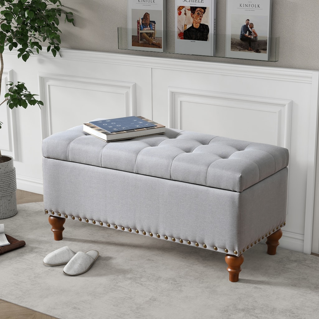 Linen Fabric Storage Ottoman Bench, Multi-Functional Storage Ottoman, End of Bed Bench with Hidden Hinge Lid & Rivet Trim
