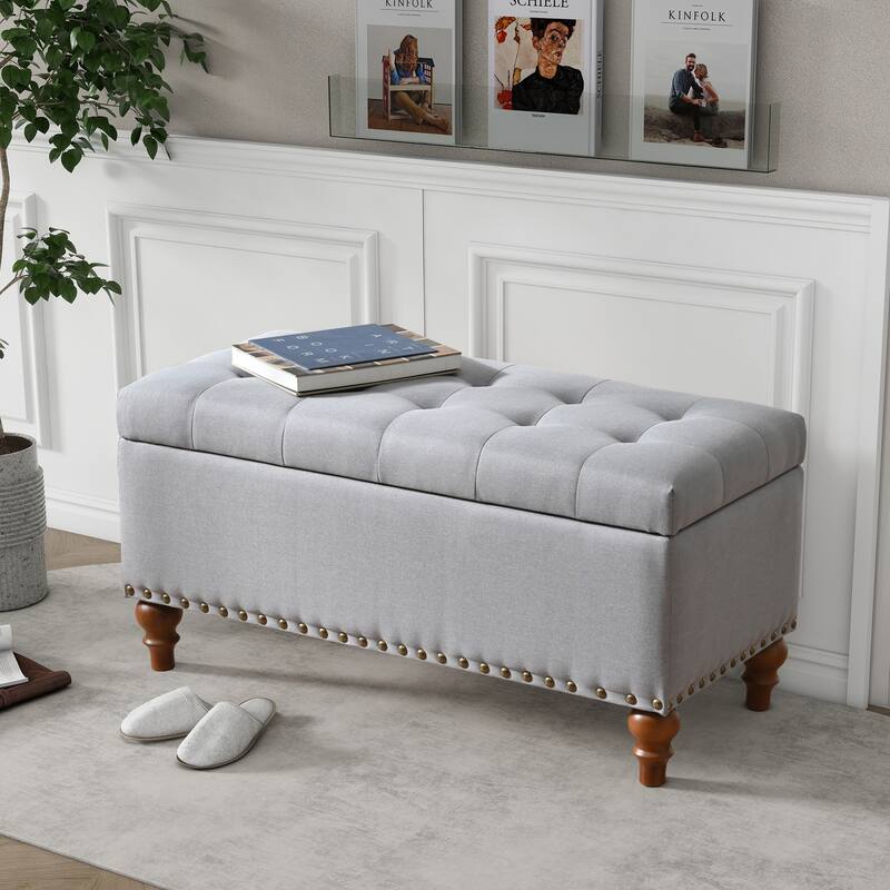 Ottoman storage bench, recessed support hinge top easy to open, rivet trim around, bedroom, entrance, living room, linen