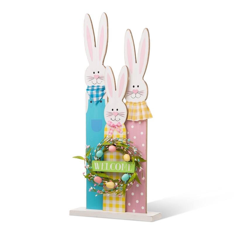 Glitzhome Easter Wooden Bunny Family Standing Decor Porch Sign with Wreath Welcome Wall Decor Party Supplies Props