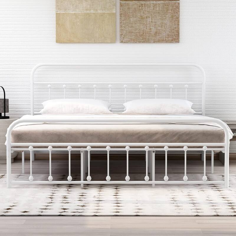 NNV Platform Metal Bed Frame with Victorian Style Iron-Art Headboard