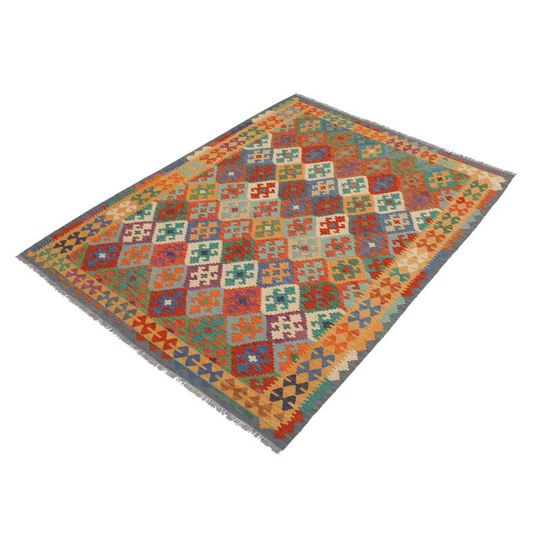 Southwestern Turkish Kilim Clemenci Rust Gold Hand-Woven Wool Rug - 5'8'' x 7'10''