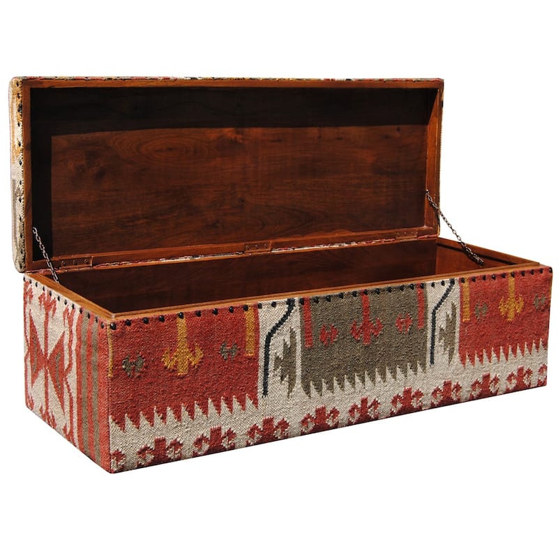 Handmade Indo Tribal Kilim Upholstered Storage Ottoman (India)