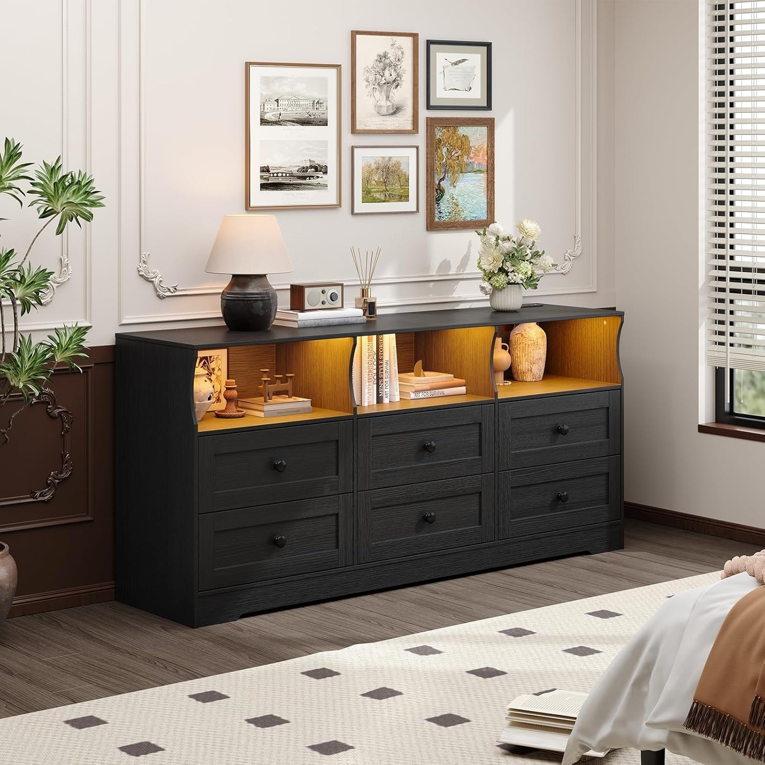 Dresser with RGB Lights & Power Outlet, TV Stand Storage Cabinet for Living Room Bedroom Entryway