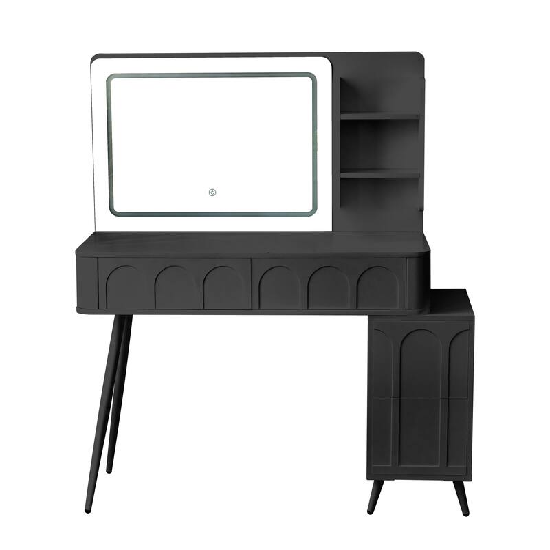 Modern Makeup Vanity Desk with LED Lights & Mirror, Extendable Dressing Table Set with Stool, 4 Drawer & Side Cabinet