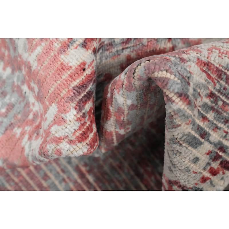 Hand Knotted Oriental Viscose Silk Carpet Modern All-Over Pink Abstract Area Rug - 4' 0'' X 2' 0''