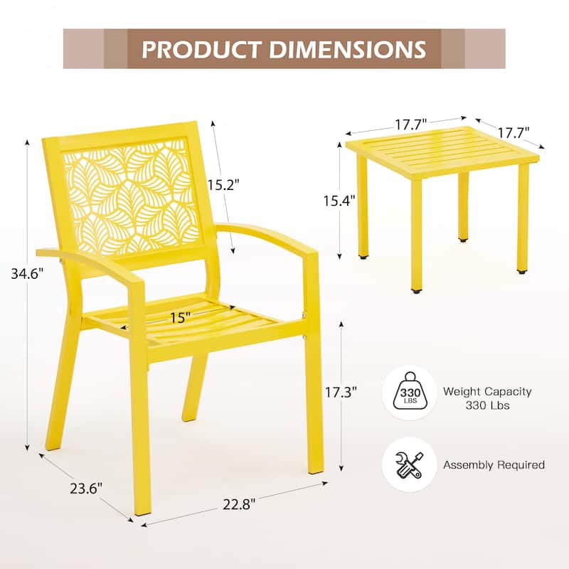 Outdoor Patio Set, Weatherproof Iron Bistro Table & Chairs, Floral Back Design, Space-Saving（Green/ Blue/ Yellow/ Black）