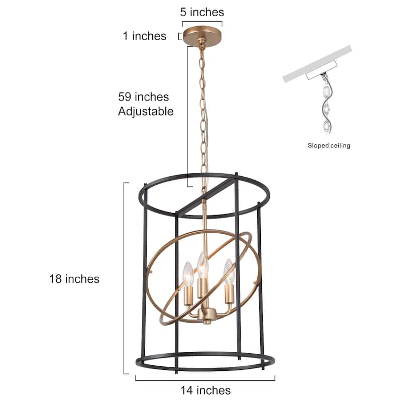 Mid-Century Modern 3-Light Black Gold Chandelier Cyliner Pendant for Kitchen Island - D14"x H17.7"