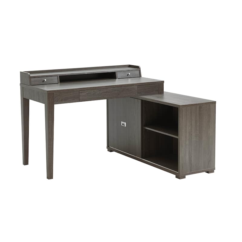 L-Shaped Workstation Home Office Desk Grey Mini Hutch Return Credenza Sliding Door Aluminum Metal Hardware