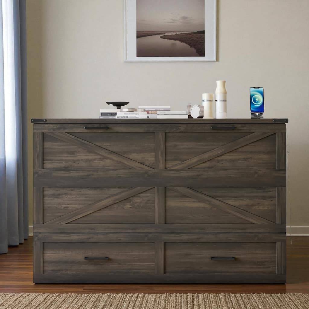 Queen Farmhouse Murphy Cabinet Bed with Charging Station and Large Storage Drawer, Foldable Space-Saving Platform Bed