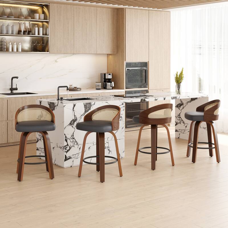 Swivel Bar Stools Set of 2, Modern Wood Frame with Rattan Back, PU Leather Stool for Kitchen Counter, Upholstered Barstools