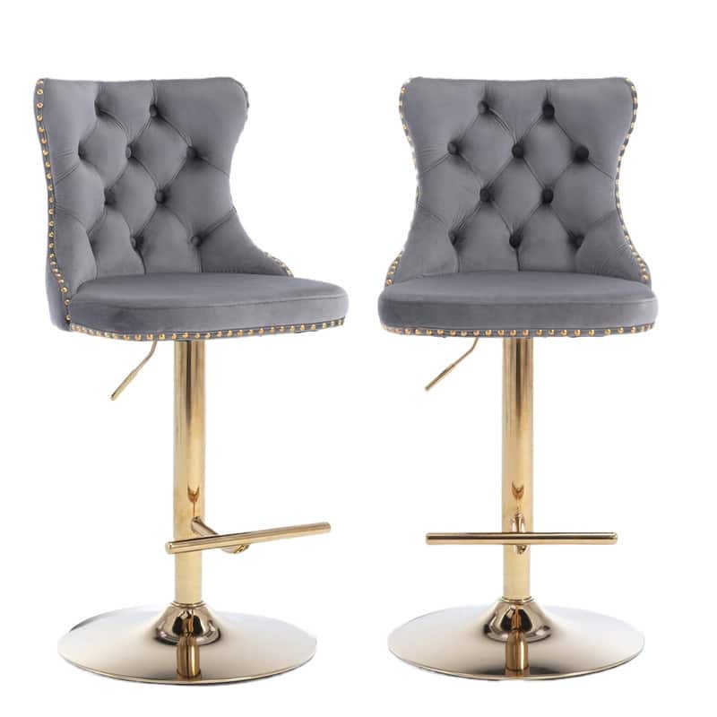 Velvet Upholstered Nailheads Tufted Swivel Bar Stools (Set of 2)