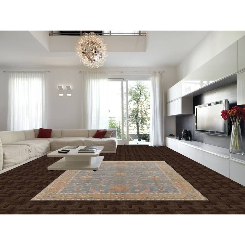 Hand Knotted Oriental 100% Wool Carpet Transitional All-Over Navy Blue & Blues Oushak Area Rug - 11' 10'' X 9' 1''