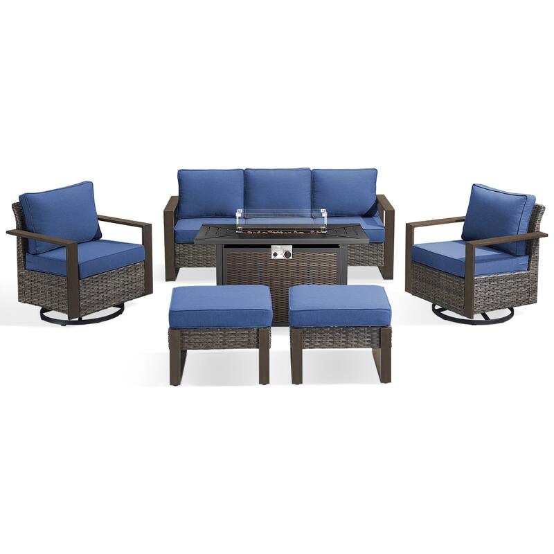 Meyreso Wicker Outdoor Patio Metal Fire Pit Set with Swivel Gliders & 4.5" Olefin Cushions