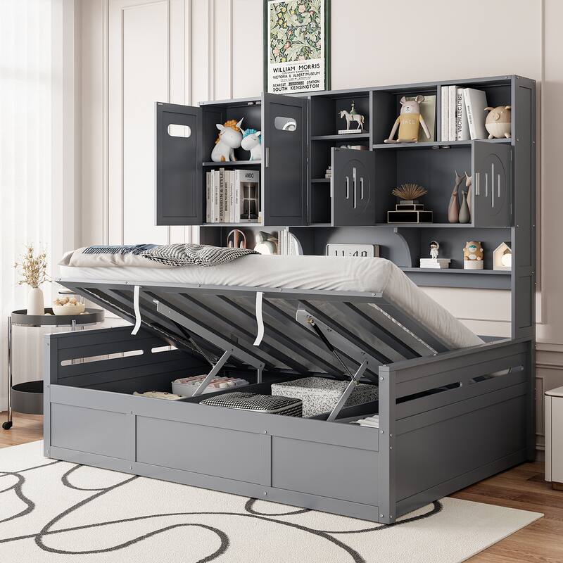 Wooden Daybed Storage Platform Bed with All-in-One Cabinet and Shelf, 10 Slats Multi-Functional Space-Optimizing Bed Frame - Grey - Full