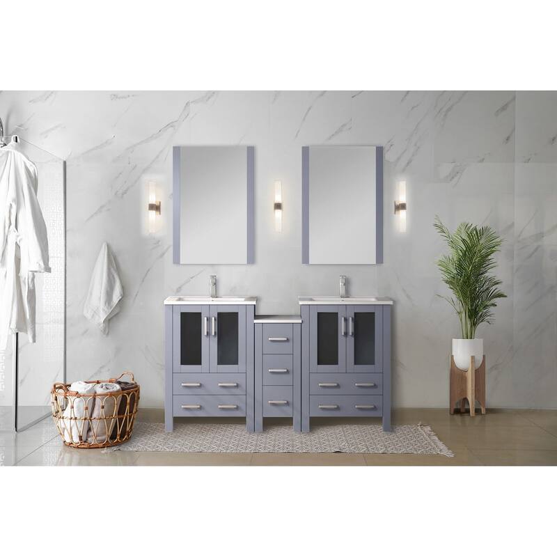 Volez Double Bath Vanity with Side Cabinet, Faucet Set, White Ceramic Top and Mirrors