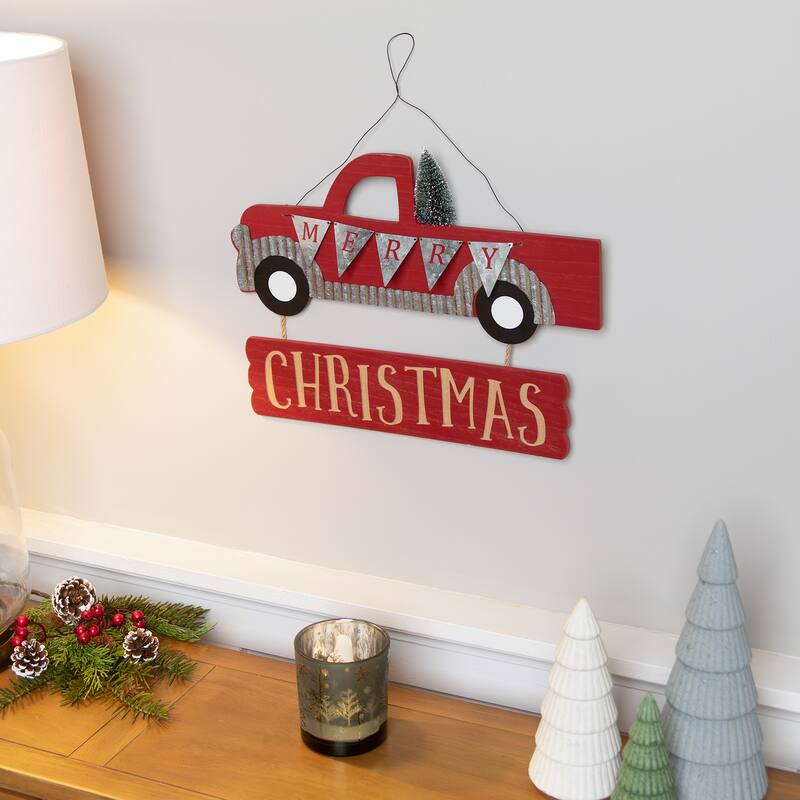Merry Christmas Truck Hanging Wall Sign - 15.75"