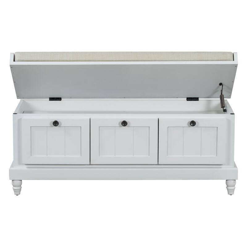 Classic Wood Shoe Bench with Cushion and 3 Drawers, Upholstered Storage Bench with Handle for Living Room, Entryway