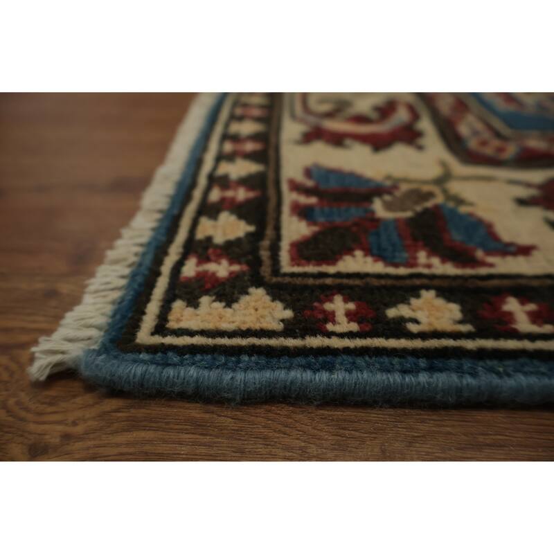 Hand Knotted Oriental 100% Wool Carpet Traditional Geometric Navy Blue & Blues Kazak Area Rug - 3' 0'' X 2' 1''