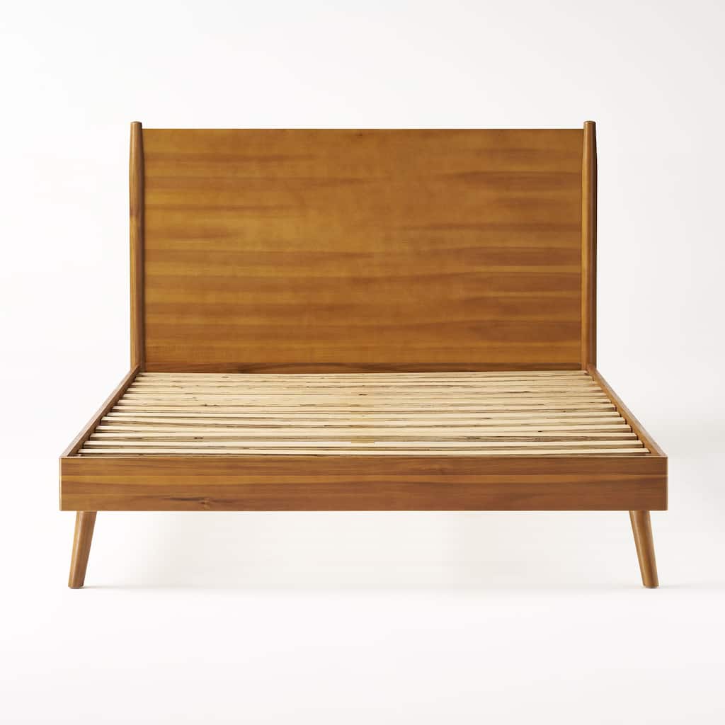 California King Size Natural Acacia Wood Platform Bed with Mid-Century Modern Design and 600lb Capacity
