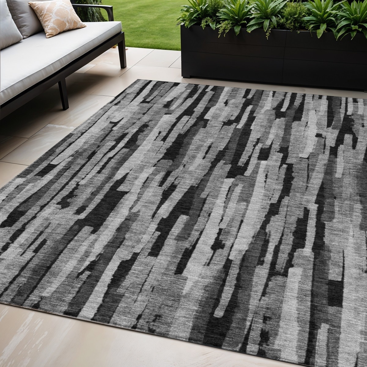 5' X 8' Gray And Black Striped Washable Indoor Outdoor Area Rug - 5' x 8'