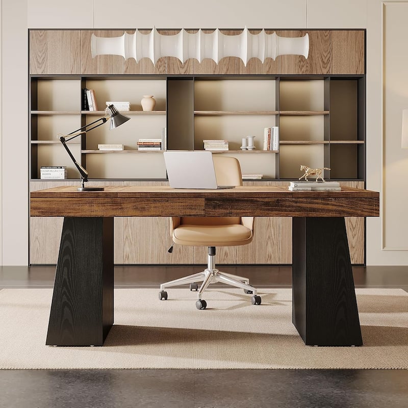 55" Executive Desk, Mid-Century Modern Wood Home Office Desk