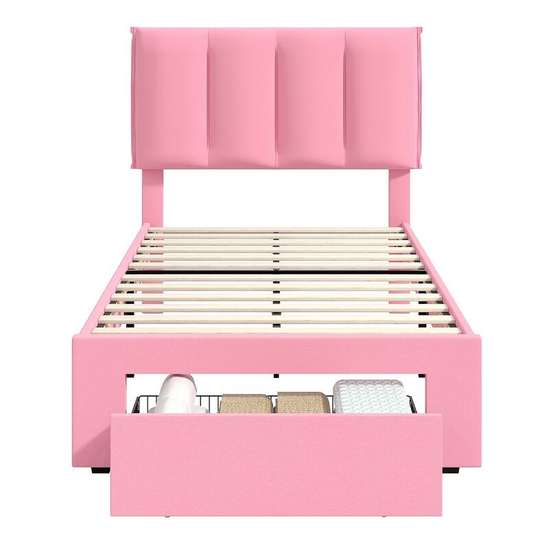 Pink Bed Frame with 4 Storage Drawers, Upholstered Platform Bed Frame with Adjustable Headboard