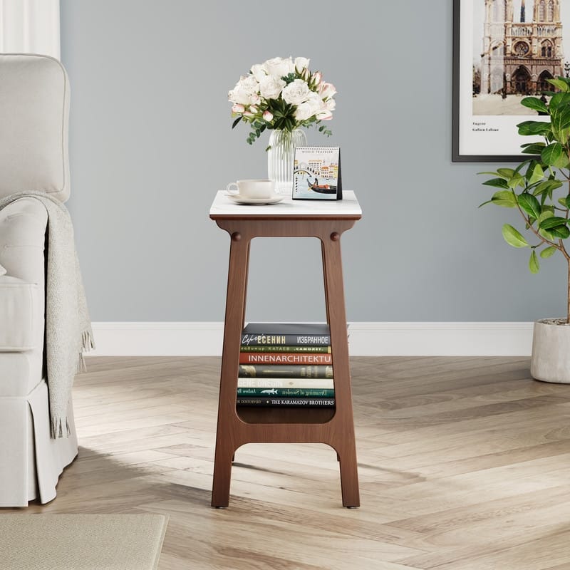 Retro Reddish Brown Slim Side Table with Storage Shelf, Farmhouse Bedside End Table for Small Spaces