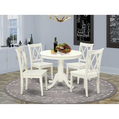 HomeStock 5-Pc Round Linen White Finish Solid Wood Top Dining table with 4 Chairs with Cross Back
