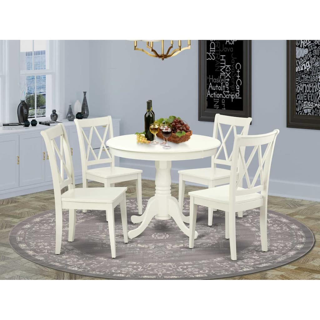 HomeStock 5-Pc Round Linen White Finish Solid Wood Top Dining table with 4 Chairs with Cross Back