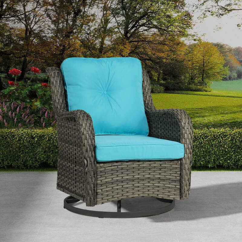 Patio Rattan Chairs Outdoor Wicker Swivel Rocker with Cushion - Light Blue