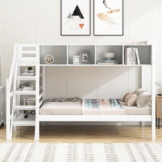 Twin over Full Bunk Bed with Staircase and Built-in Storage Cabinets ...