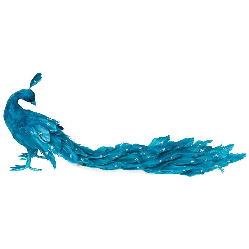 Peacock Glittered with Faux Crystals Christmas Decoration - 24" - Blue