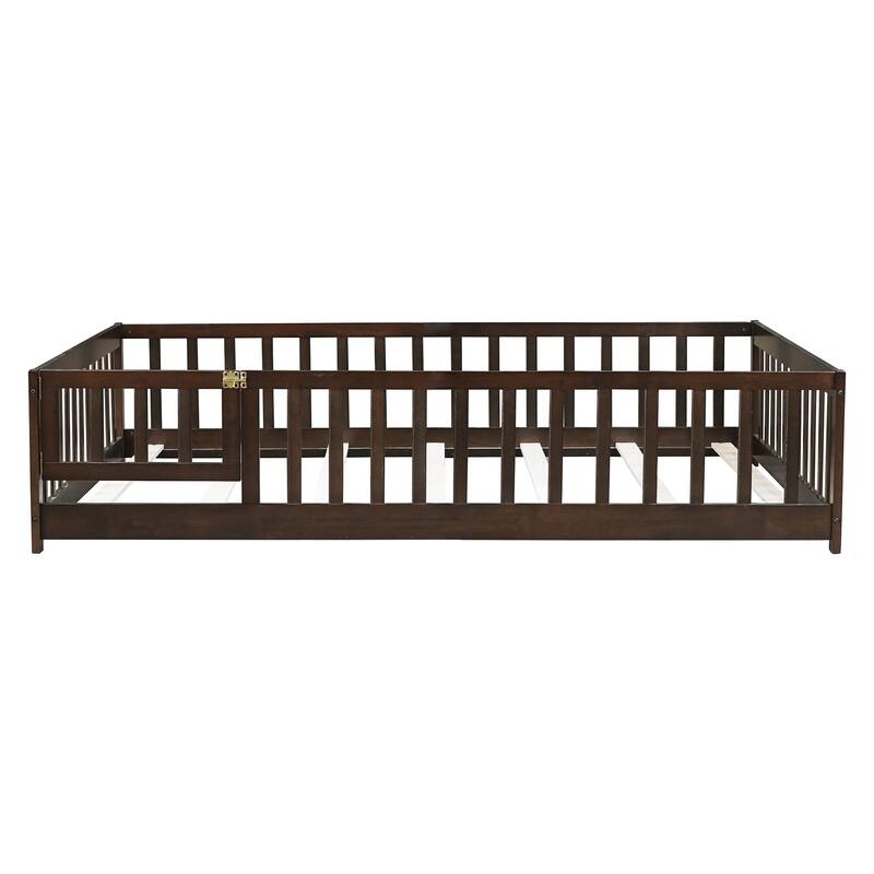 Full Size Floor Bed with Fence and Door,Rubber Wood Floor Bed with Safety Guardrails