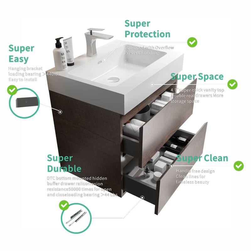 GDFStudio - Naomi Modern Floating Bathroom Vanity with Pre-Assembled Soft-Close Drawers and Durable One-Piece Basin