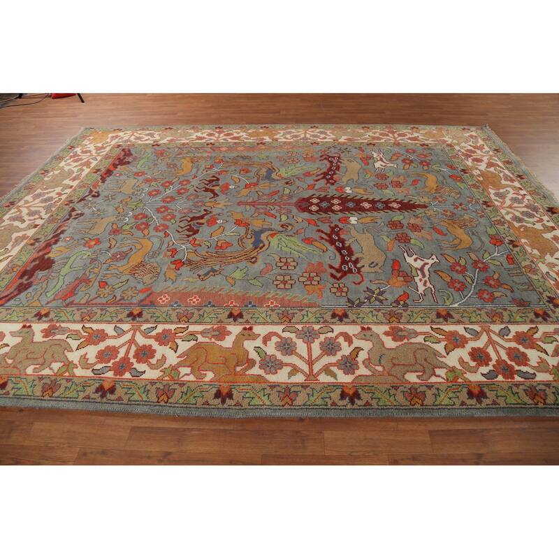 Hunting Animals Design Ziegler Indian Rug Handmade Gray Wool Carpet - 8'11"x 11'8"