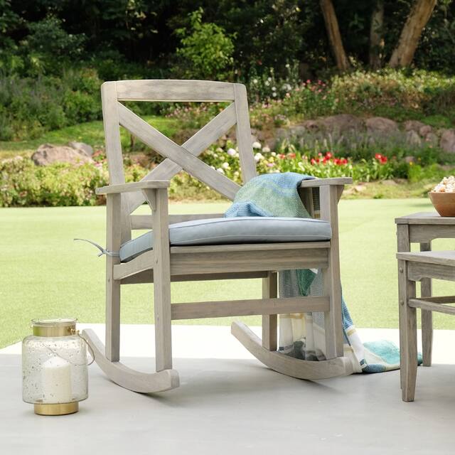 Cambridge Casual West Lake Solid Mahogany Outdoor Rocking Chair - Weathered Gray/Blue Spruce Cushion