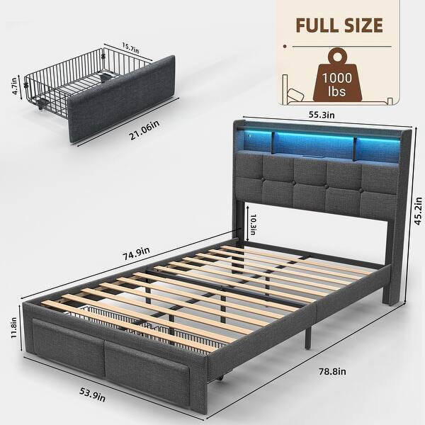 Full Size Upholstered Bed Frame with LED Lights and Charging Ports, Storage Headboard with Shelves