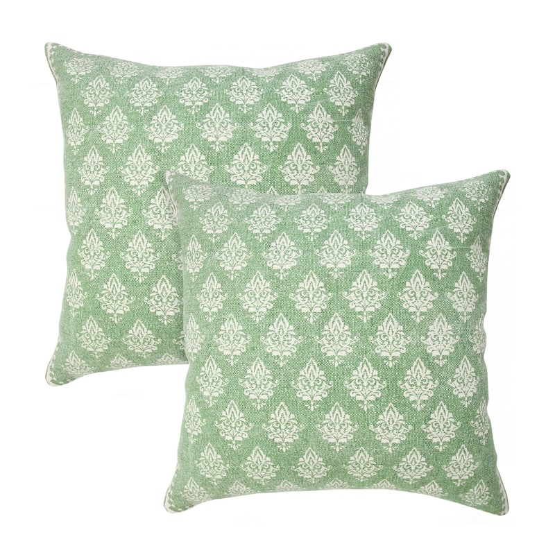 HomeRoots Set of Two 20" Green And Off White Damask Cotton Throw Pillows