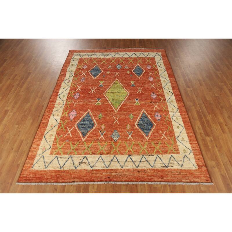 Geometric Orange Moroccan Oriental Rug Handmade Modern Wool Carpet - 6'9" x 9'9"