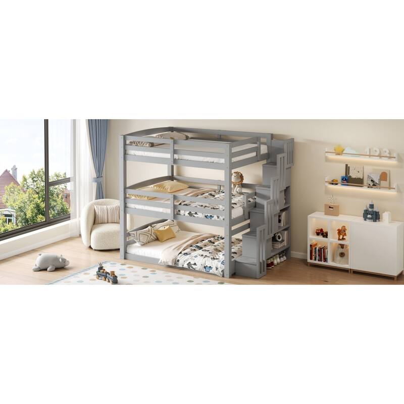 Roomfitters Full Triple Bunk Bed with Storage Staircase, Separable Design