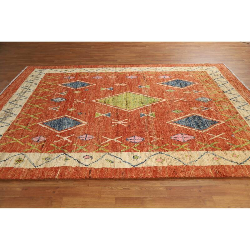 Geometric Orange Moroccan Oriental Rug Handmade Modern Wool Carpet - 6'9" x 9'9"