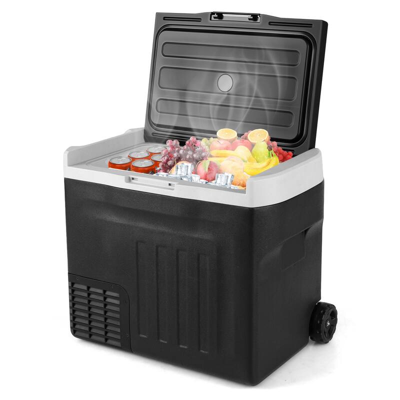 Black Portable Car Refrigerator with Adjustable Temp, LED and Cup Holders