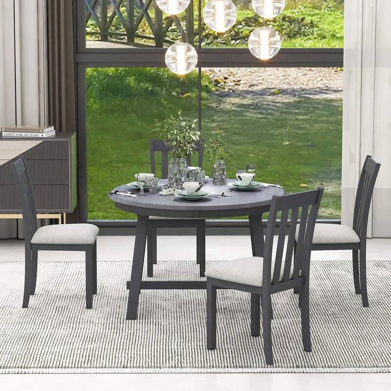 5 PCS Wood Dining Table Set for 4 Round Extendable Table with 4 Chairs