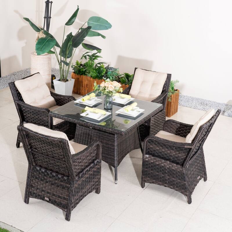 5-piece Outdoor Dining Set - PE Wicker Chairs & Tempered Glass Table - +Square Table