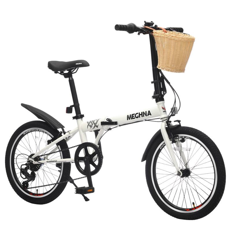 20 Inch Folding Bike for Adults with Basket,Phone Holder & Fenders,Steel Frame 6-Speed City Commuter, Dual V-Brake Portable
