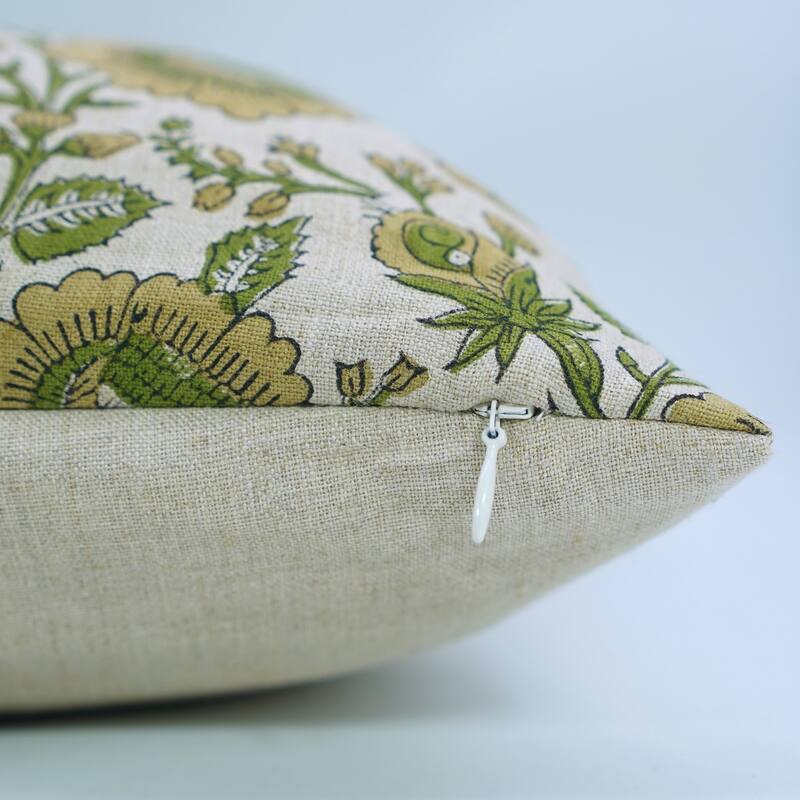 Fabdivine Handmade Floral Accent Pillow 22x22 Inch for Farmhouse Fall Living Room or Sofa Décor, Green Soft Linen, Sun Flower